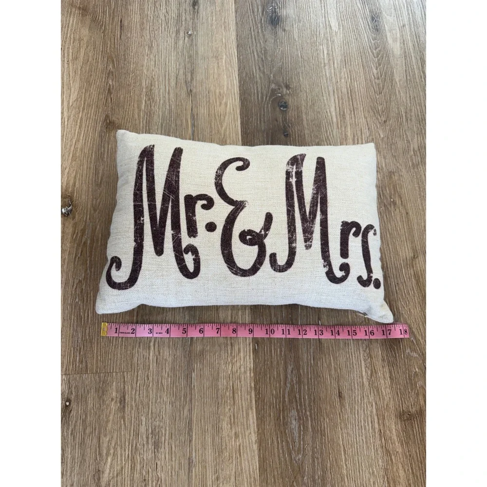 Mr & Mrs Pillow OS Cream Brown Farmhouse Wedding Decor Lumbar Cushion